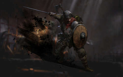 Um guerreiro experiente, marcado pelas batalhas, parado numa masmorra de pedra escura...