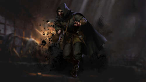 Um guerreiro sombrio, vestido com uma armadura pesada, parado no interior de um corredor... 8K