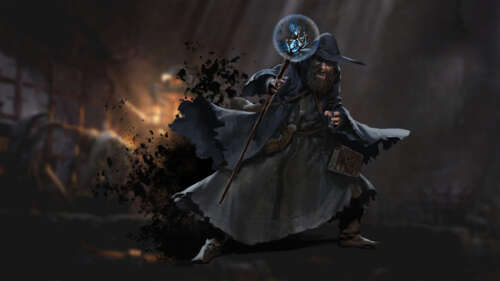 Um mago de fantasia sombria, vindo de Dark and Darker, segurando um cajado mágico... 8K