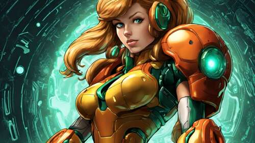 Samus Aran vestida com o seu icónico fato de combate laranja e vermelho, da série... 8K