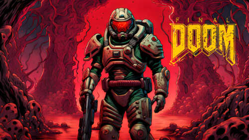 Doomguy, personagem da série de jogos de vídeo Doom, em pé no meio de uma paisagem... 8K