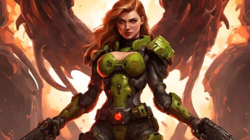 Uma guerreira, vestida com uma armadura de combate pesada e empunhando uma arma de... 8K