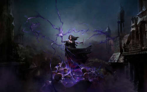 Um Necromante imponente, proveniente de Path of Exile 2, lançando feitiços sombrios,... 7680x4800