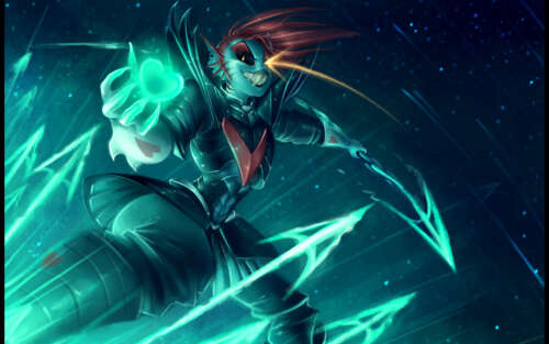 Undyne, a personagem imortal de Undertale, vestida com uma armadura, com cabelo vermelho... 7680x4800