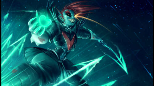 Undyne, a personagem imortal de Undertale, vestida com uma armadura, com cabelo vermelho... 8K
