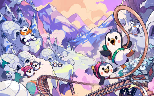 Dois adoráveis pinguins, presos por uma corda, escalam uma montanha coberta de neve.... 7680x4800