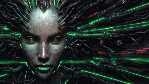 Uma representação detalhada e biomecânica de Shodan, do jogo System Shock, com destaque... 8K