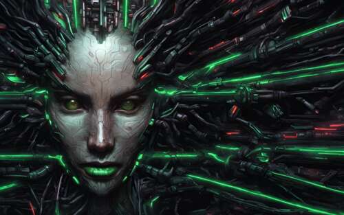 Uma representação detalhada e biomecânica de Shodan, do jogo System Shock, com destaque... 7680x4800
