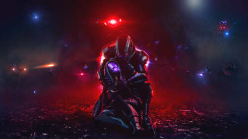 Tali'Zorah, com o seu característico fato de proteção ambiental, ao lado do Comandante... 8K