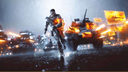 Um pesado tanque militar atravessa um campo de batalha cheio de fumo e destroços,... 8K