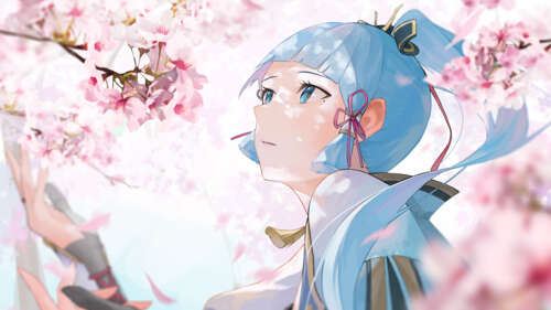 Um retrato detalhado da personagem Kamisato Ayaka, do jogo Genshin Impact.