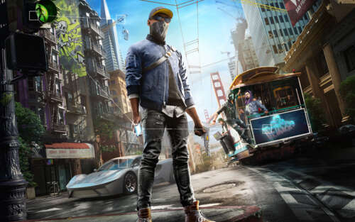 Marcus Holloway, o protagonista do videojogo Watch Dogs 2, surge num cenário urbano... 7680x4800