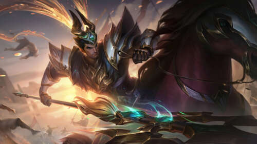Jarvan IV, de League of Legends, empunhando sua lança característica em uma pose... 8K