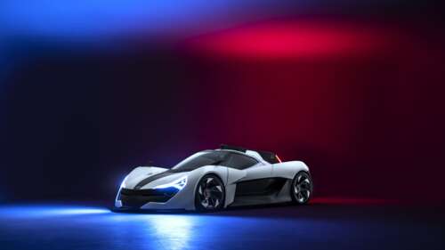 Um elegante e aerodinâmico carro esportivo moderno, fotografado num estúdio profissional. 8K