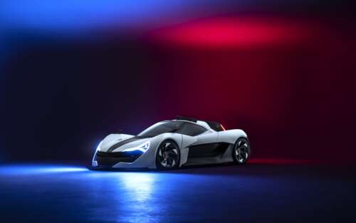 Um elegante e aerodinâmico carro esportivo moderno, fotografado num estúdio profissional. 7680x4800
