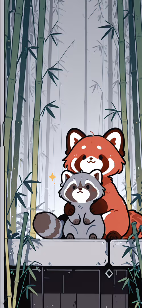 Um adorável panda-vermelho de desenho animado está em uma floresta de bambu, abraçando...