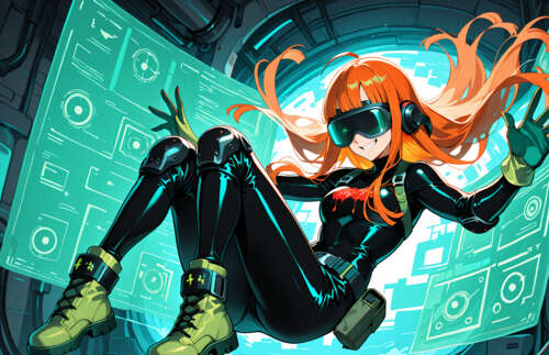 Uma ilustração no estilo anime de Futaba Sakura, de Persona 5, flutuando num cenário...