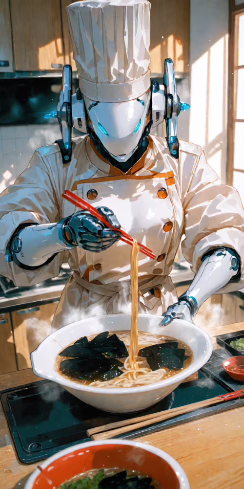 Um robô branco e futurista, vestido com um uniforme completo de chef, incluindo um... Alcatel 1 2021