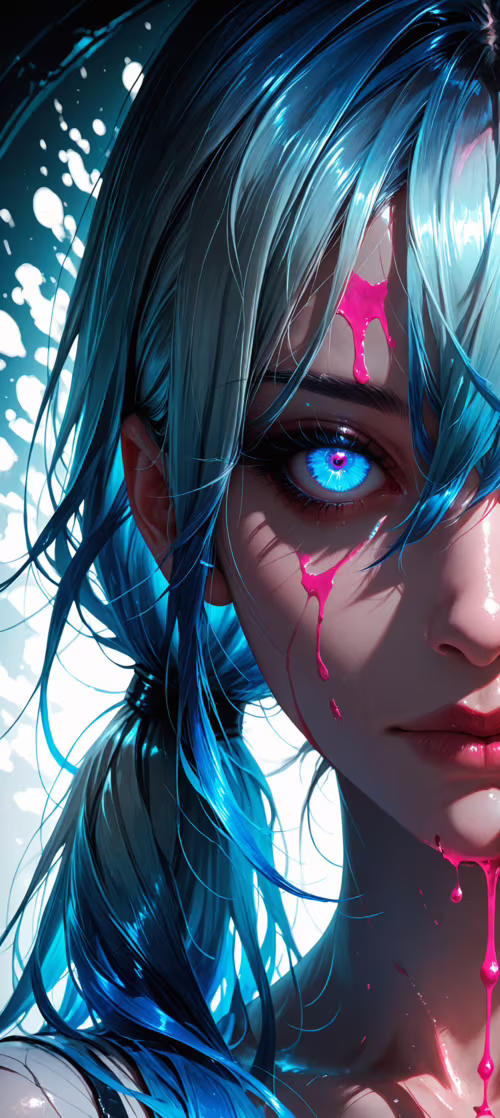 Um retrato em close-up de uma jovem com cabelo cor-de-rosa e azul, preso em duas... Xiaomi 11T Pro