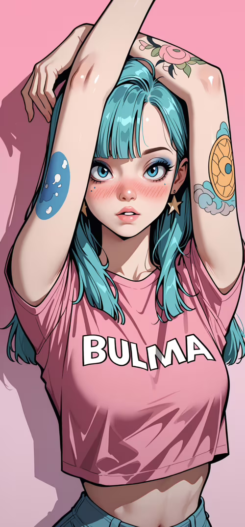 Uma ilustração no estilo anime de Bulma, de Dragon Ball, com cabelo azul e olhos... Vivo Y91C