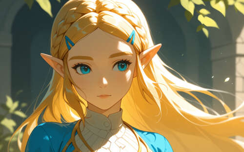 Uma ilustração no estilo anime da Princesa Zelda, da série The Legend of Zelda. Ela...