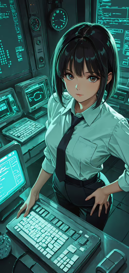 Uma ilustração em estilo anime de uma jovem com cabelo preto curto, vestida com um...