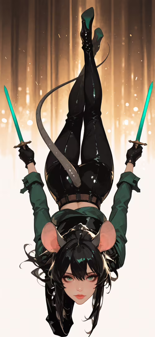 Uma personagem feminina de anime, com cabelo preto, olhos verdes, orelhas grandes...