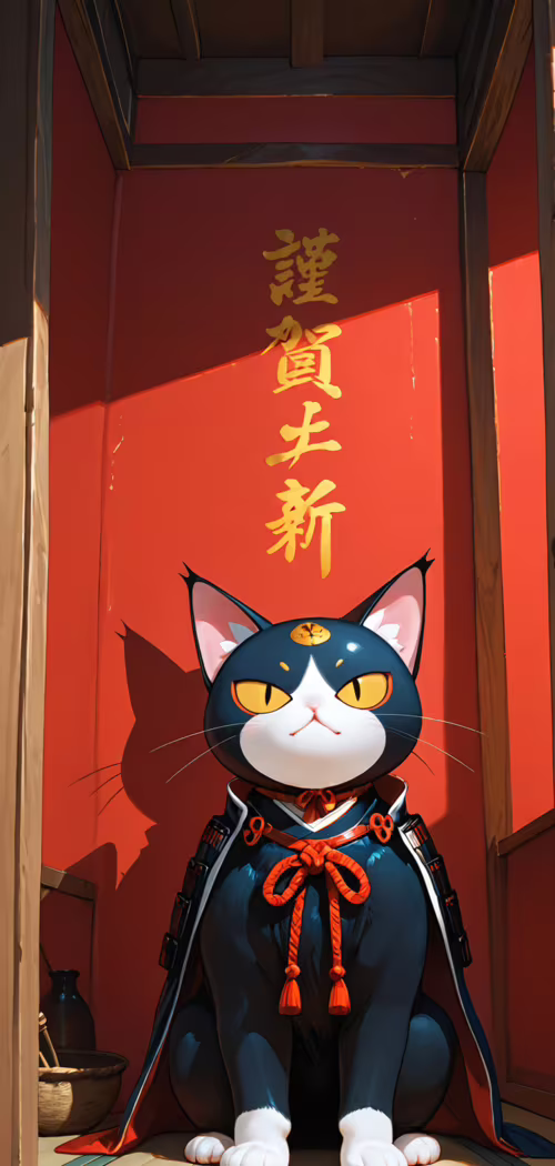 Uma ilustração em estilo anime de um gato de smoking preto e branco, sentado ereto.... Blackview A30