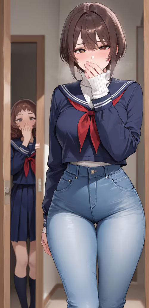 Uma rapariga com um estilo de anime, de cabelo castanho curto, vestida com um casaco... Samsung Galaxy J4 Core