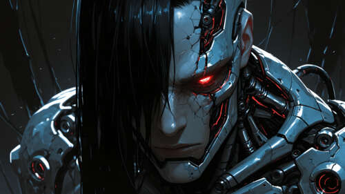 Retrato de frente de um esqueleto robótico branco, com olhos vermelhos brilhantes...