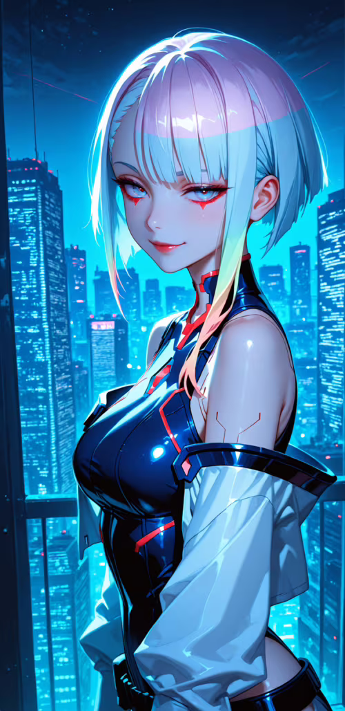 Uma ilustração no estilo anime de Lucy, de Cyberpunk: Edgerunners, uma jovem com...