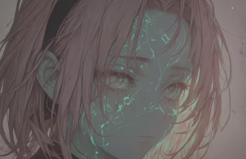 Um retrato artístico de Sakura Haruno, da série Naruto, com cabelos cor-de-rosa e...