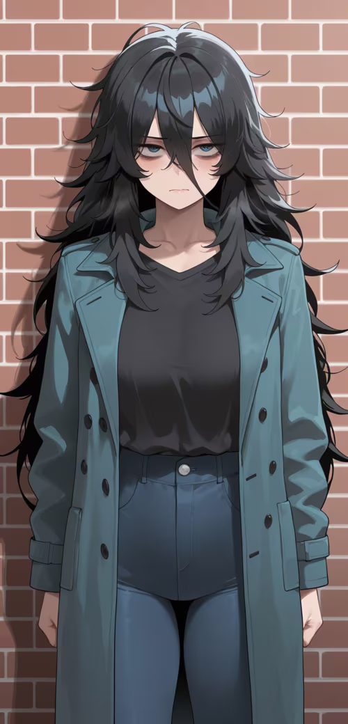 Uma rapariga com um estilo de anime, com longos cabelos pretos e desalinhados e olhos... Alcatel 1 2021