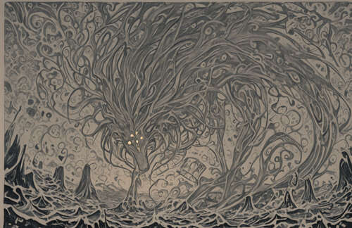 Uma pintura abstrata com um fundo escuro, coberto por uma densa e intrincada rede...