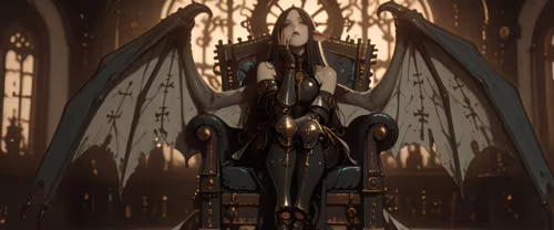 Uma elfa de cabelos brancos, com grandes asas escuras que lembram as de um dragão,...