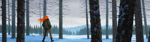 Um quadro de Tulip Olsen, da série «Infinity Train», vista por trás, em pé numa floresta... Telefone