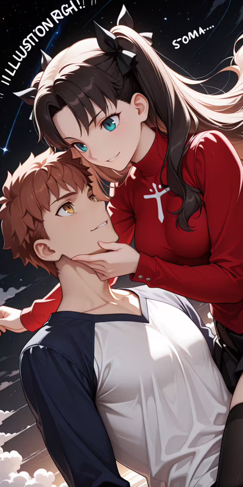 Uma ilustração em estilo anime de Tohsaka Rin e Emiya Shirou, de Fate/stay night,... Alcatel 1X 2019