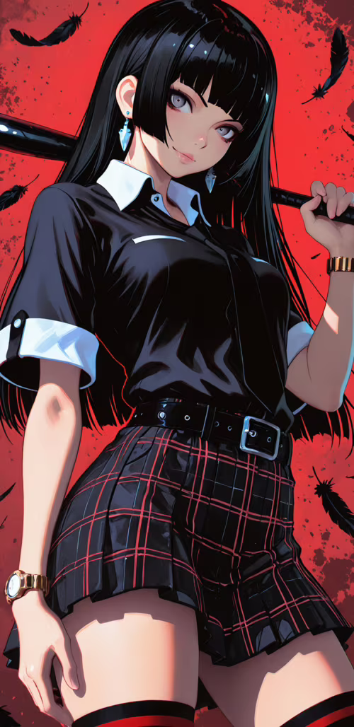 Uma rapariga de estilo anime, com longos cabelos pretos e olhos cinzentos, que segura... Samsung Galaxy J4 Core