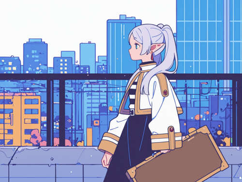 Uma ilustração em estilo anime de Frieren, uma elfa de cabelos longos e brancos presos...