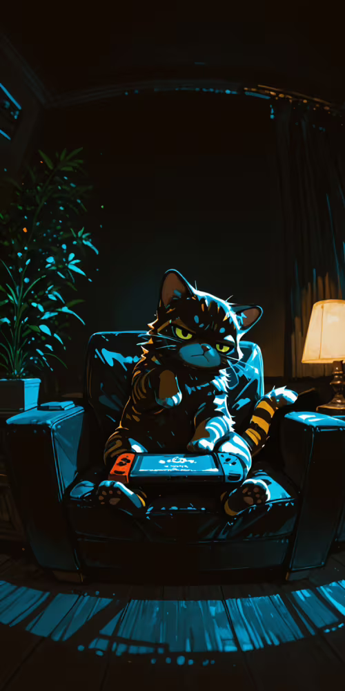 Um gato tigrado de cor laranja, com uma expressão carrancuda, está sentado numa poltrona...