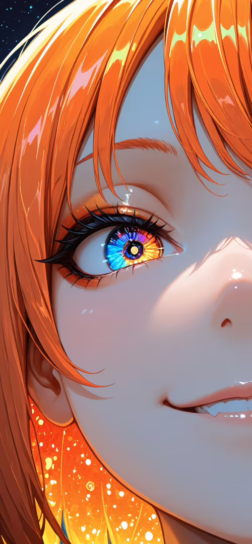 Uma ilustração em close-up de uma rapariga de anime, com cabelo laranja vibrante... Huawei Mate Xs