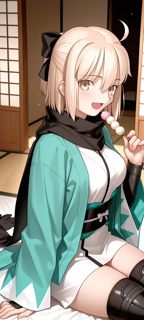 Okita Souji, uma personagem de anime de Fate/Grand Order, uma jovem com cabelo loiro...