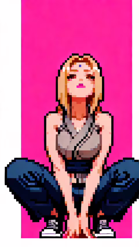 Uma ilustração em estilo pixel art de Tsunade, da série Naruto, numa pose agachada,... TP-Link Neffos C5L