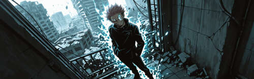 Ryomen Sukuna, de Jujutsu Kaisen, em pé numa cidade destruída, com um sorriso ameaçador,...