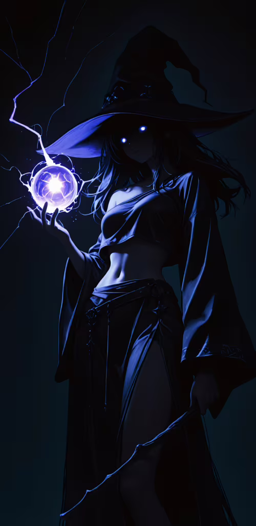 Uma bruxa com um visual de anime, de longos cabelos escuros e um grande chapéu pontiagudo,... Samsung Galaxy J4 Core