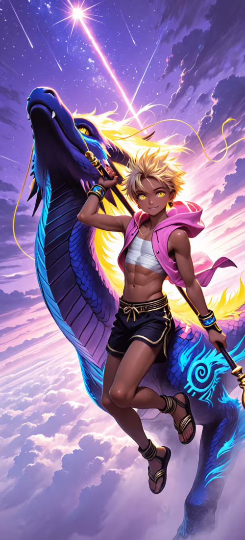 Um jovem de cabelos loiros, vestindo um casaco cor-de-rosa, segura um cajado mágico... Huawei Nova 8i