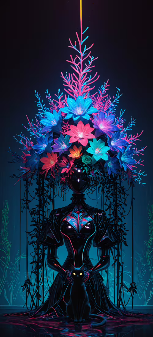 Um gato preto está em pé sobre um piso de néon com padrões, em frente a um grande... OnePlus 12R