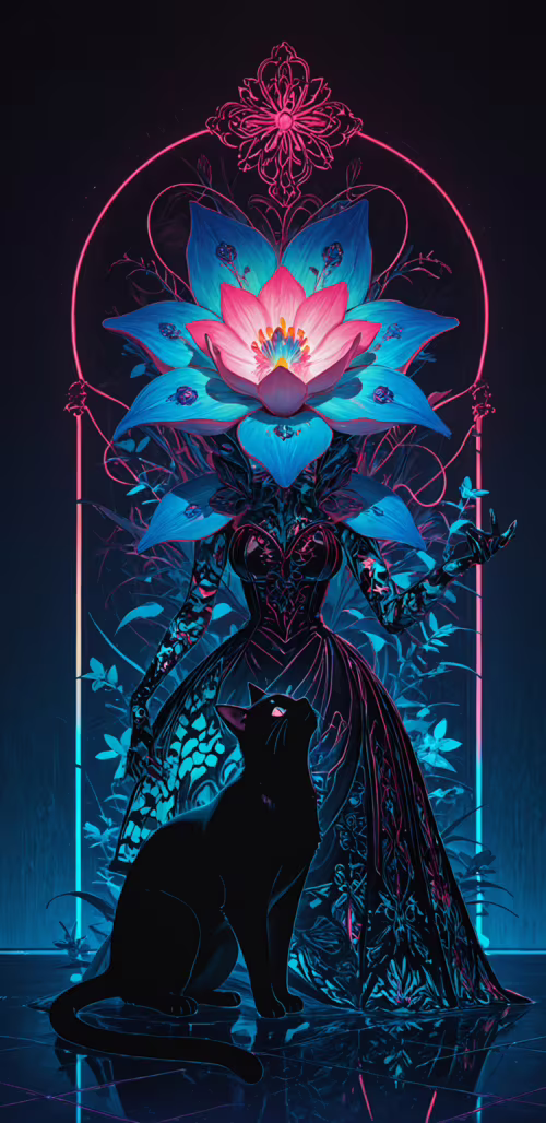 Um gato preto está em pé sobre um piso de néon com padrões, em frente a um grande...