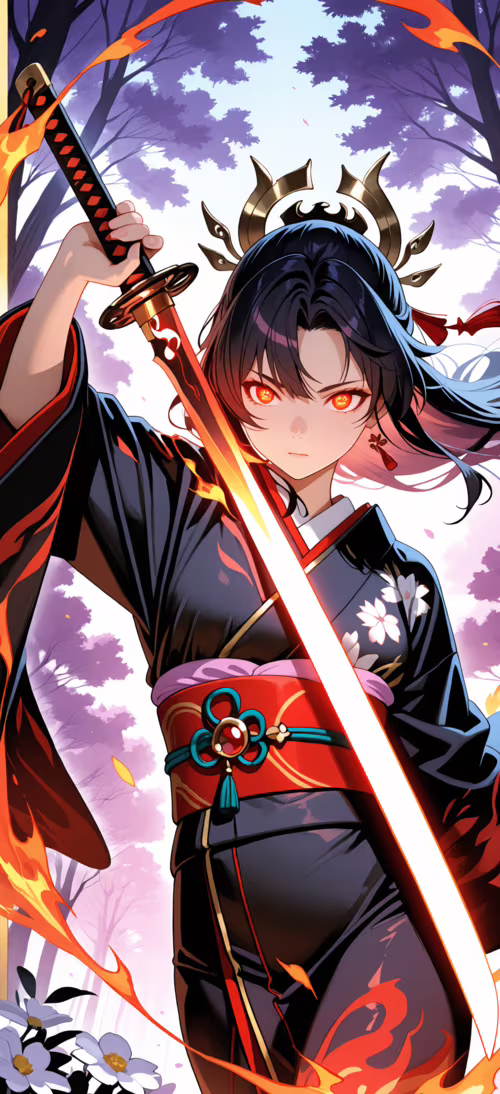 Uma guerreira no estilo anime, com longos cabelos escuros, um adorno de cabeça preto... Honor Magic6 Pro