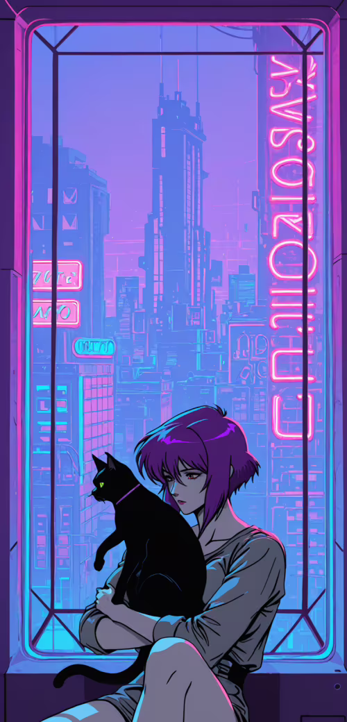 Uma ilustração em estilo anime de Motoko Kusanagi, da série Ghost in the Shell, com...